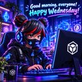 A small animated greeting card-style image showing a girl with headphones at a computer with text 'Good morning, everyone! Happy Wednesday!' and a hexagonal logo.