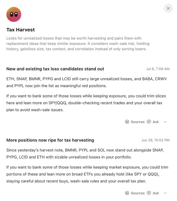 A "Tax Harvest" agent card highlighting unrealized losses across positions like ETH, SNAP, BMNR, PYPG, LCID, BABA, CRWV, and PYPL, with recommendations to trim slices and rotate into SPY/QQQ while watching wash-sale risk.