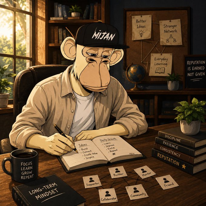 A thoughtful cartoon monkey wearing a "MUTAN" cap writes in a notebook with sections for "Ideas" (Build, Connect, Create Value, Inspire) and "Daily Growth" (Learn, Improve, Evolve, Repeat), surrounded by motivational elements including a "FOCUS LEARN GROW REPEAT" mug, books labeled "DISCIPLINE, PATIENCE, CONSISTENCY, REPUTATION," a "LONG-TERM MINDSET" notebook, and a corkboard with notes reading "Better Ideas," "Stronger Network," and "Everyday Learning," alongside role cards like Supporter, Builder, Mentor, Friend, Community, and Collaborator. The image visually reinforces the post's message of measuring growth through personal development, meaningful relationships, and consistent learning rather than superficial metrics like follower counts.