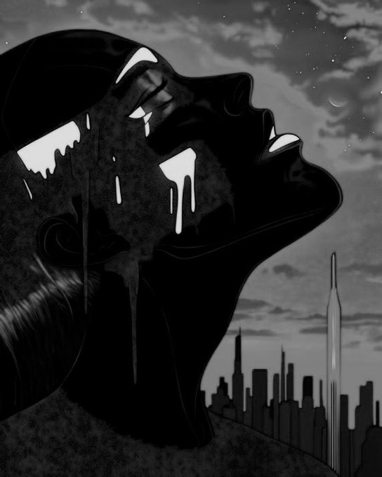 A black and white illustration of a hooded figure with a dripping mask covering their face, standing before a dark cityscape under a cloudy night sky.