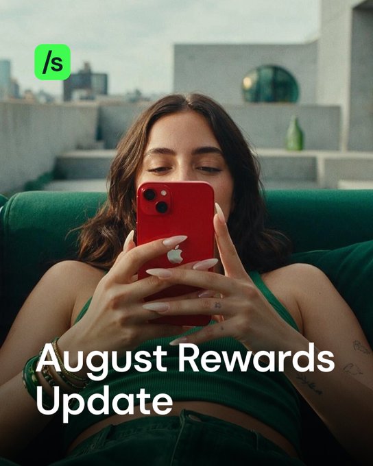 A woman relaxes on a green couch holding a red iPhone, with the overlay text "August Rewards Update" and the Send logo. The image accompanies an announcement about the final round of Send Rewards distributions, with 250K $SEND being distributed and the program concluding after 30 rounds.