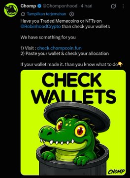 A post from Chomp (@Chompoohood) instructs users to check their wallets for traded memecoins or NFTs, with two steps: visiting scheck.chompcoin.fun and pasting their wallet address, illustrated by a cartoon alligator popping out of a pipe. The accompanying post critiques various projects like $CHOMP, $CABAL, and $MECHANICA for using similar wallet checker tools as a farming tactic to mint NFTs.