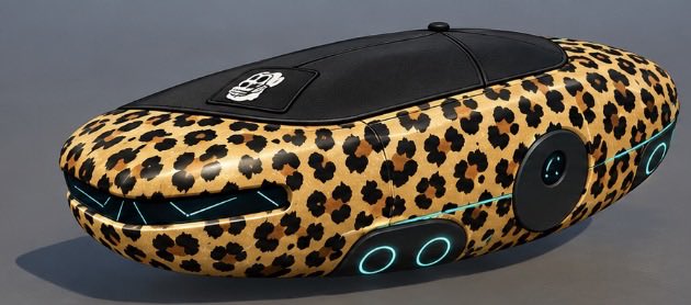 A 3D render depicts a futuristic autonomous vehicle with a leopard print exterior and cyan glowing accents.