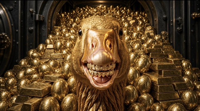 A golden camel statue with gold teeth grins at the camera, surrounded by piles of gold nuggets and bars inside what appears to be a vault.