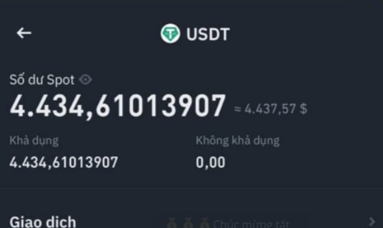 A cryptocurrency app displays a USDT balance of 4,434.61013907, approximately $4,437.57.