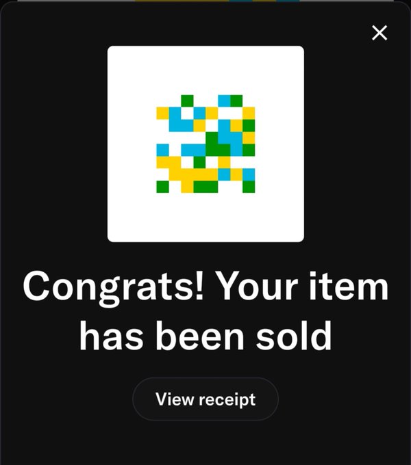 A digital pop-up notification on a black background featuring a pixelated green and yellow icon and the text 'Congrats! Your item has been sold' with a 'View receipt' button.