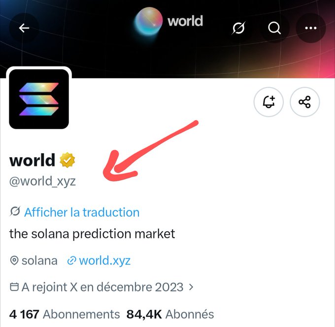 A screenshot of a social media profile for 'world' (@world_xyz), identified as 'the solana prediction market,' with a red arrow drawn pointing to the username.