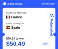 A sports betting app screenshot showing a '7 pick combo' for France vs Morocco and Spain vs Belgium, advertising '$19.64 to win $50.49' on Polymarket.