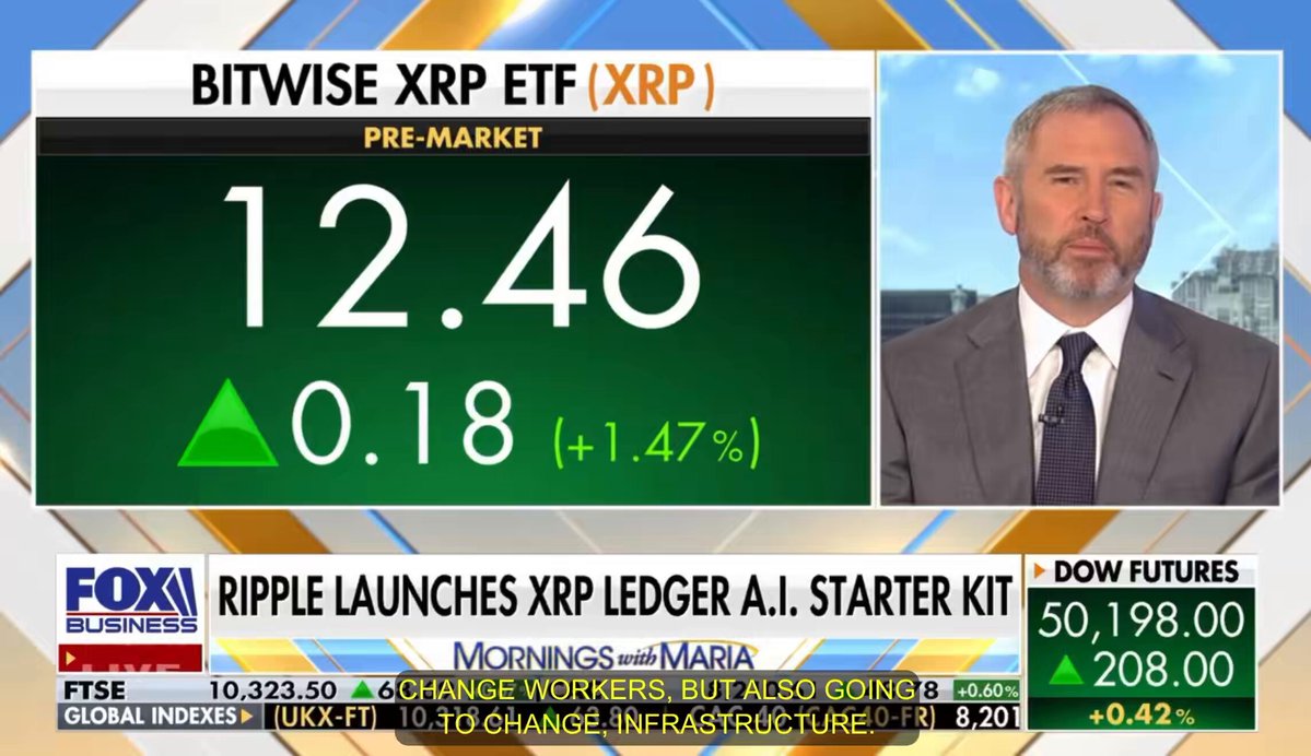 The image shows a news broadcast with a man wearing a suit talking about Ripple Ledger technology, specifically XRP Ledger. The news anchor is discussing the benefits of using XRP Ledger for transactions, such as its fixed fees, predictable costs, and low infra cost. The man in the suit appears to be knowledgeable about the subject matter and is likely an expert or a reporter covering the story.