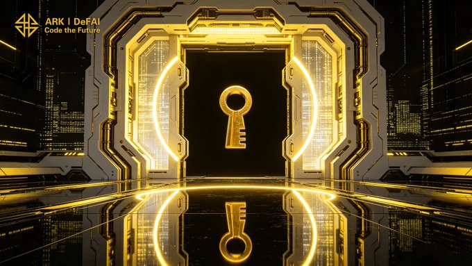 The image features a large golden key with an arrow pointing towards it, surrounded by a black background that highlights its presence. The text "ARK I DEFAL" is also present in the image. This key appears to be the main focus of the image, as it is positioned prominently and draws attention due to its golden color and unique design.
