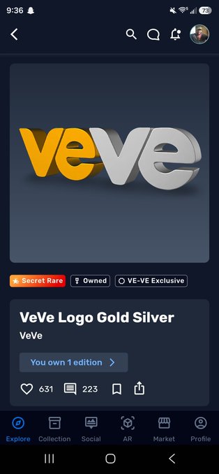 A screenshot of the VeVe app showing a 3D digital collectible titled 'VeVe Logo Gold Silver' marked as 'Secret Rare' and 'VE-VE Exclusive'.