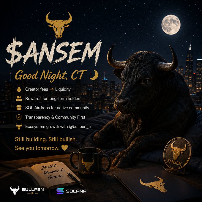 A '$ANSEM' cryptocurrency promotional graphic with 'Good Night, CT' featuring a black bull against a nighttime city skyline, mentioning Bullpen Fi and Solana ecosystem.