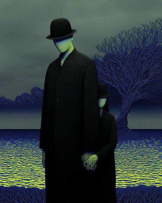 A surreal illustration of two faceless figures in black coats and bowler hats with horizontal line patterns, standing against a dark blue and green background with a barren tree.