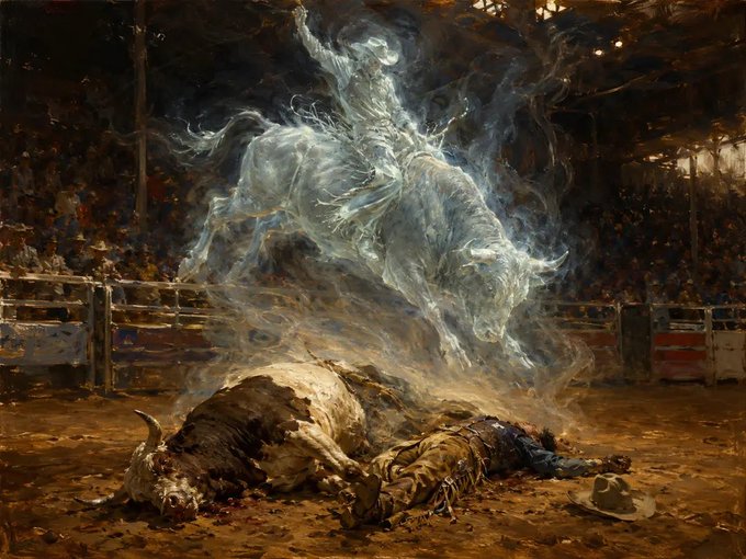 A dramatic painting shows a bull rider being thrown off a bucking bull, with a ghostly, ethereal figure of the rider appearing to leap from the animal in a rodeo arena.