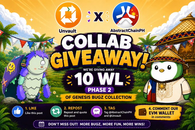 The image is a promotional graphic for a "COLLAB GIVEAWAY!" featuring Unvault and AbstractChainPH, announcing 10 WL (Phase 2) of the Genesis Bugz Collection with instructions to Like, Repost, Tag both accounts, and comment an EVM wallet, set against a vibrant, tropical-themed background with cartoon bug mascots.