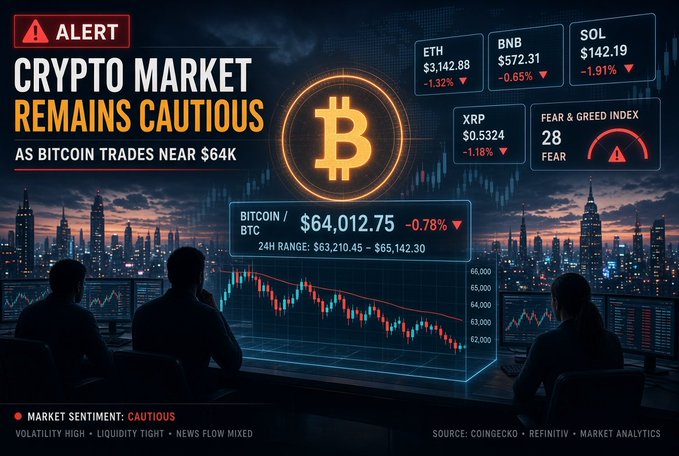 A cryptocurrency news graphic titled 'ALERT: CRYPTO MARKET REMAINS CAUTIOUS' displays Bitcoin trading near $64,012.75 (-0.78%), along with price data for ETH ($3,142.88), BNB ($572.31), SOL ($142.19), and XRP ($0.5324), with a Fear & Greed Index of 28 (Fear).