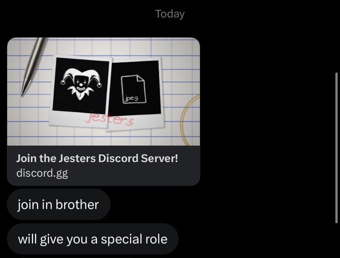 A mobile screenshot shows a Discord invite link to "the Jesters Discord Server" with a preview image of a jester logo on polaroid photos and a jpeg file icon. Two follow-up messages read "join in brother" and "will give you a special role," promoting a private Discord community related to the Jesters NFT collection.