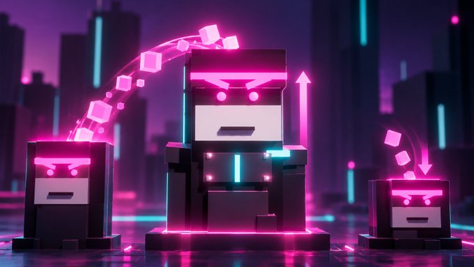 Three neon-lit, blocky robots with glowing pink and blue accents stand in a futuristic cyberpunk cityscape, with cubes orbiting around them.