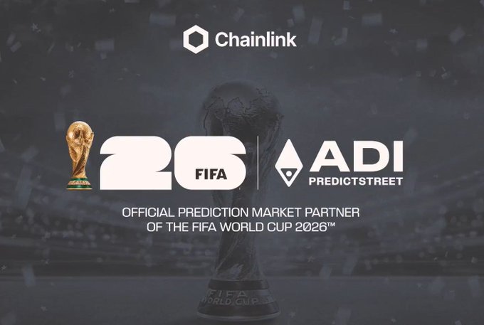 The image features a large trophy, likely a soccer ball, placed in front of a stadium filled with people. The text "CHAINLINK POWERING FIFA WORLD CUP Huge partnership" is written above the trophy, while the phrase "@Predictstreet has adopted $LINK as its exclusive oracle bringing accurate market data & instant payouts to 6B+ global fans!" is below it. This suggests that a new partnership between Chainlink and Predictstreet has been formed, with the former providing the power source for the latter's prediction market partner. The image also includes a soccer ball in the background, further emphasizing the connection to the FIFA World Cup.