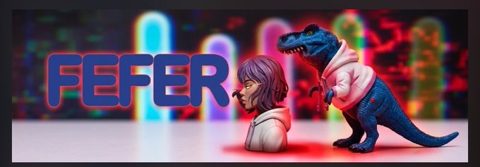 A stylized banner features the name 'FEFER' alongside a character bust and a dinosaur wearing a pink hoodie against a colorful neon background.