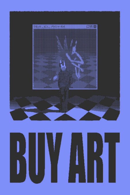 Stylized blue and black poster featuring the text 'BUY ART' below a window-like frame containing a silhouette figure with spiky hair on a checkered floor.