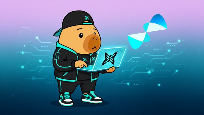 A cartoon mascot character wearing a black cap and hoodie with teal accents holds a glowing laptop displaying an 'X' logo, with a blue butterfly hovering nearby on a circuit-patterned purple-blue background.