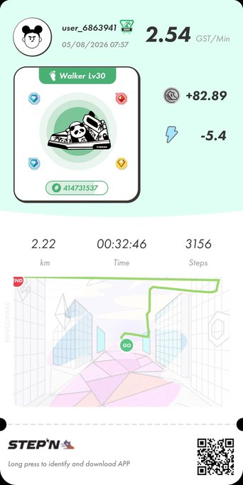 A screenshot from the STEP'N fitness app showing a 'Walker Lv30' sneaker NFT with stats including 2.54 GST/Min, 2.22 km walked in 32:46, and 3156 steps.