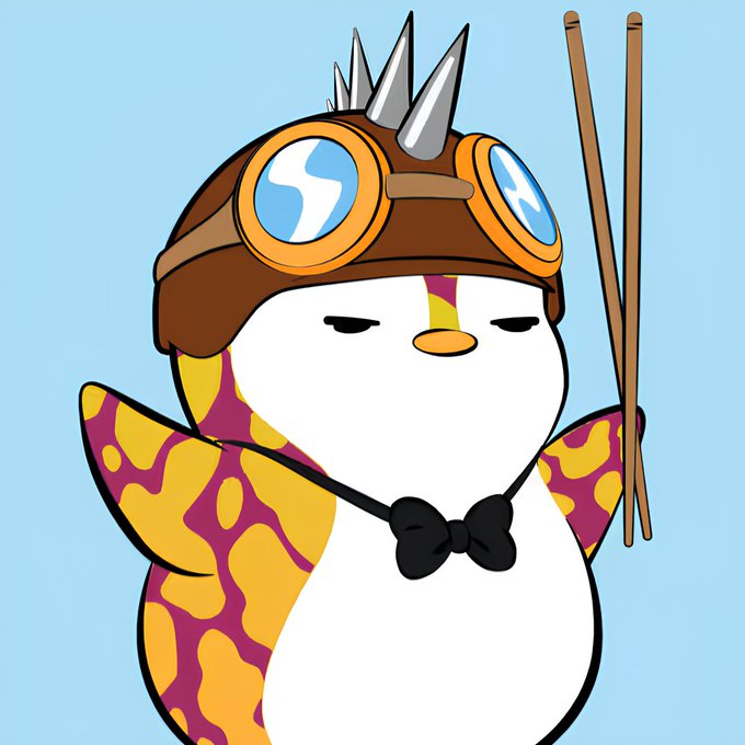 A cartoon illustration shows a penguin with a yellow and purple patterned body, wearing a brown aviator cap with spikes and goggles, holding a pair of chopsticks.