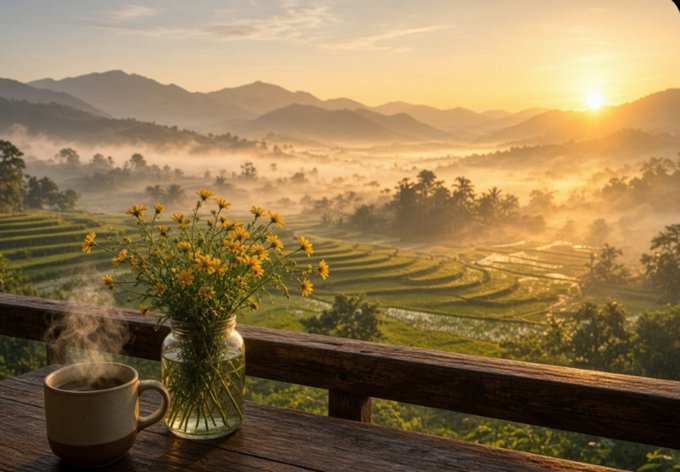 A steaming cup of coffee sits on a wooden railing next to a vase of yellow flowers, overlooking misty terraced rice fields at sunrise.