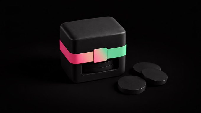 A small black box with a pink and green gradient strap sitting next to two black circular discs on a dark surface.