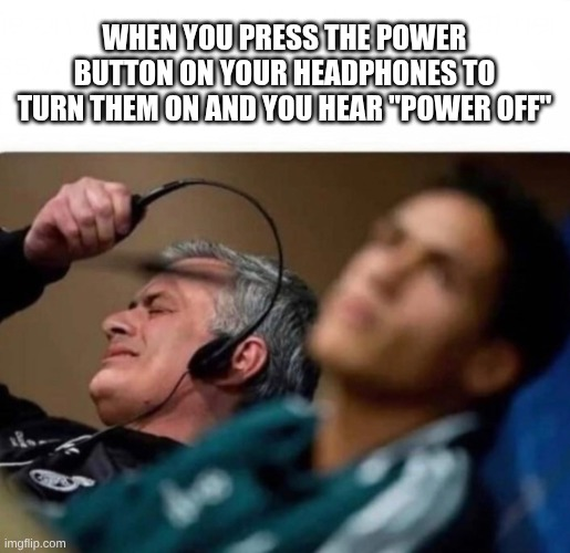 The image is a meme showing a frustrated man aggressively ripping off his headphones, captioned: "WHEN YOU PRESS THE POWER BUTTON ON YOUR HEADPHONES TO TURN THEM ON AND YOU HEAR 'POWER OFF'" — humorously depicting the relatable frustration of a device doing the opposite of what you intended, which playfully parallels the post's mention of $YAP converting online hype into on-chain agreement (i.e., turning "on" something only to get the "off" result).