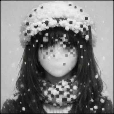 A black and white photograph of a young woman wearing a knit beret, with her face obscured by a pixelated mosaic effect.