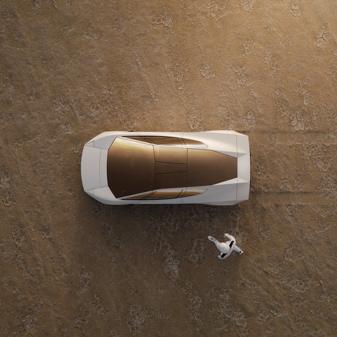 A futuristic white Tesla Roadster is viewed from above, parked on a cracked desert surface with a suited figure standing nearby, capturing the car's sleek design from a striking overhead perspective that makes every angle worthy of a wallpaper.