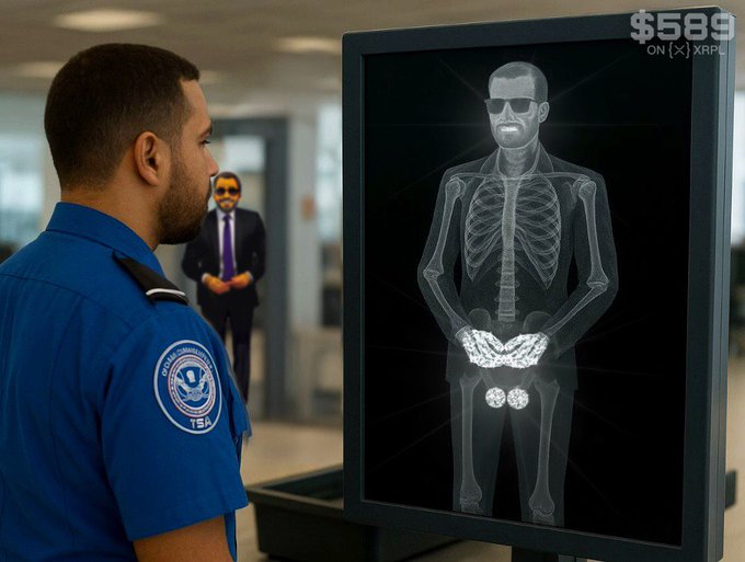 A TSA agent in a blue uniform observes a full-body x-ray scan at airport security, revealing a person's skeleton with what appears to be concealed items in the pelvic region. The image humorously illustrates the frustration of XRP holders enduring invasive airport screenings, with "$589 ON (X) XRPL" displayed in the corner.
