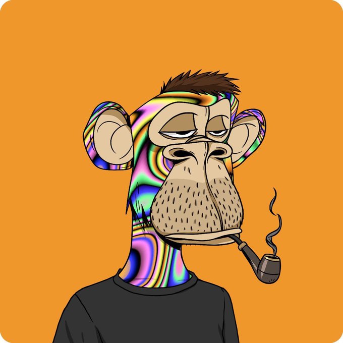 A digital illustration of a stylized monkey character with psychedelic rainbow-colored fur, droopy eyes, and a pipe in its mouth, set against a solid orange background.
