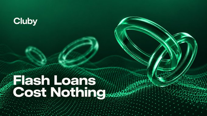 The image is a promotional graphic for "Cluby" featuring the bold white text "Flash Loans Cost Nothing" set against a dark green background with abstract digital terrain made of glowing green dots, complemented by translucent, glass-like interlocking rings symbolizing the atomic, self-contained nature of flash loans—visually reinforcing the post's argument that flash loans are inherently safe without needing fees as guardrails.