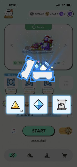 A mobile game screenshot showing a 'Trainer' screen with penguin-like characters, a glowing sneaker NFT, shape selection options (triangle, diamond, square), and a green START button.