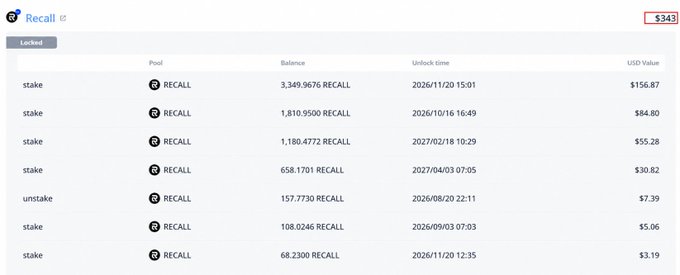 A screenshot of the Recall staking dashboard showing a user's staked RECALL positions worth $343 total, with multiple stake entries ranging from 68.2300 RECALL ($3.19) to 3,349.9676 RECALL ($156.87), each displaying unlock dates spanning from 2026 to 2027. The image directly illustrates the reminder's advice by showing a user how to view their current staking positions and note their respective unstaking dates on app.recall.network.