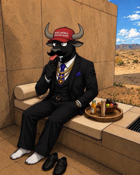 An anthropomorphic bull wearing a "MAKE AMERICA BULLISH AGAIN" cap sits in a sharp black suit with gold chains, licking his lips as a tray of drinks and fruit rests beside him, symbolizing bullish optimism on Solana. The image ties into the $SOL airdrop post by depicting the confident, "bullish" market sentiment being rewarded to participants.
