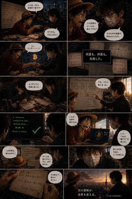 A manga-style comic strip in Japanese features characters wearing masks and straw hats discussing Bitcoin, mining, and a wallet passphrase, with Bitcoin logos and terminal screens visible throughout the panels.