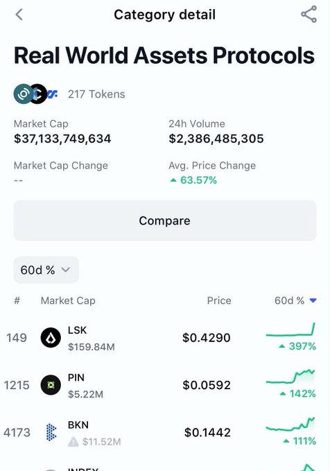 A crypto tracking app screen showing the 'Real World Assets Protocols' category detail with 217 tokens, a market cap of $37,133,749,634, 24h volume of $2,386,485,305, and an average price change of 63.57%, featuring tokens LSK, PIN, and BKN.