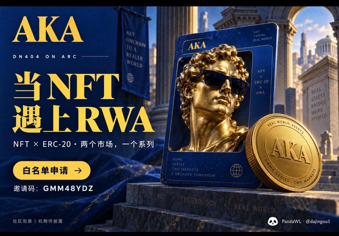 A promotional graphic for 'AKA' NFT on Arc (DN404 on ARC), featuring a golden statue with sunglasses, advertising NFT x RWA (Real World Assets) with ERC-20, in Chinese and English text, with whitelist application details and invite code 'GMM48YDZ'.