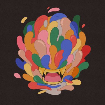 An abstract digital illustration on a black background depicts a screaming face surrounded by colorful paint splatters.