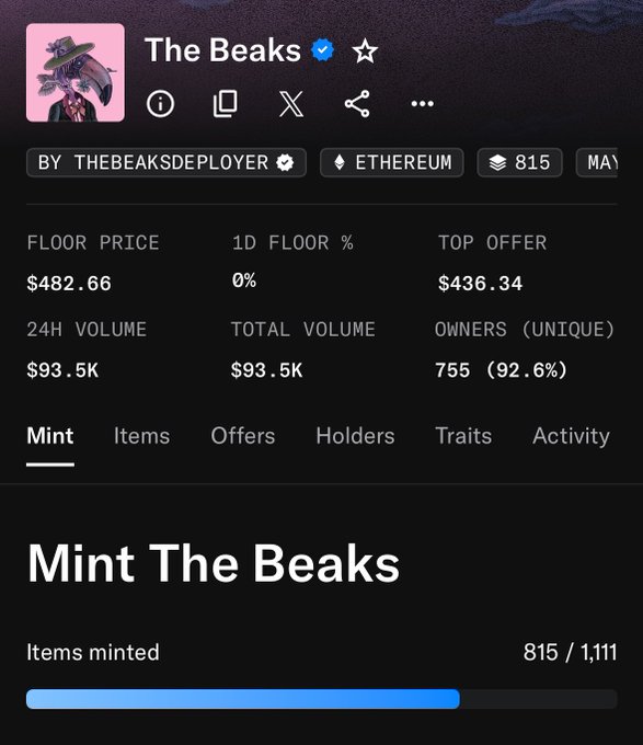 The image shows a screenshot of a social media account page where several items are listed, including "mint The Beaks", "Mint The Beaks" (mint), and "minted". Additionally, there's a summary about the trade happening on the platform, which seems to be related to the content being listed in the image. However, it is not clear if any of these items are actual trading items or just descriptions of the posts that contain the text "minted" and "mint The Beaks."
