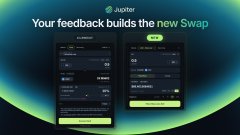 A promotional graphic for Jupiter's Swap feedback campaign features the headline "Your feedback builds the new Swap" alongside two mobile app screenshots—one showing the new interface and another displaying a "Limit order" screen—visually reinforcing the call for users to test the updated trading features and share their input at edge.jup.ag.