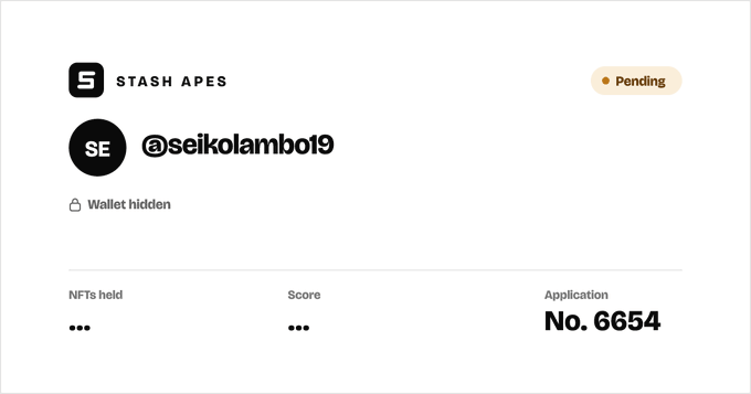 A 'Stash Apes' application page for user @seikolambot9 showing a pending status and application number 6654.