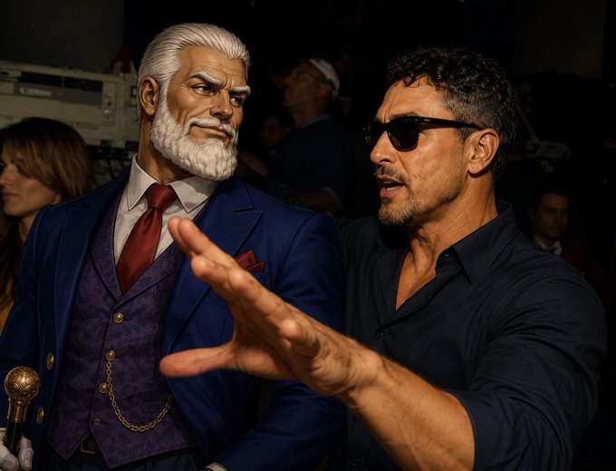 A man in a black shirt and sunglasses gestures with his hand next to a large mascot head of a bearded man in a blue suit.