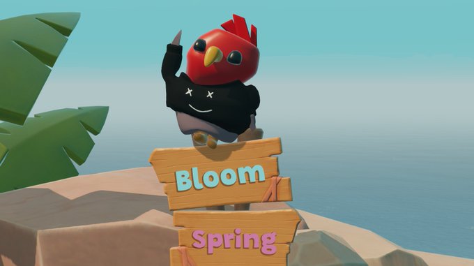 A 3D rendered red bird character with a black shirt sits on a wooden signpost that reads 'Bloom Spring' against a tropical island backdrop.