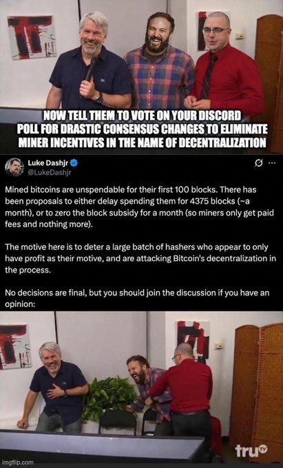 The image is a two-panel meme using the "Laughing Leo" format, featuring a tweet from Luke Dashjr (@LukeDashjr) about proposals to delay or zero block subsidies for miners in order to deter "profit-motivated" hashers, captioned "NOW TELL THEM TO VOTE ON YOUR DISCORD POLL FOR DRASTIC CONSENSUS CHANGES TO ELIMINER MINER INCENTIVES IN THE NAME OF DECENTRALIZATION," satirizing impractical Bitcoin forkers pushing centralizing policy changes under the guise of decentralization.