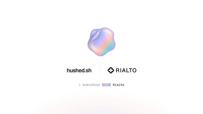 A minimalist white background displaying a colorful iridescent 3D shape logo with text reading 'hushed.sh' and 'RIALTO', along with 'execution Rialto' below.